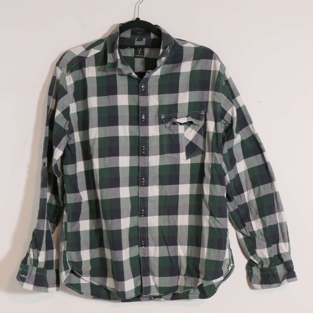 Van Heusen Mens Shirt 16.5 Green Buffalo Plaid Slim Fit Lumberjack Rugged